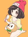  1girl beanie black_hair chorimokki gen_7_pokemon green_shorts hat looking_at_viewer medium_hair pokemon pokemon_(game) pokemon_sm red_headwear rowlet selene_(pokemon) shirt shorts simple_background solo 