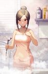  1girl absurdres blinds blush breasts brown_eyes brown_hair cleavage cowboy_shot hair_bun highres idolmaster idolmaster_cinderella_girls looking_at_viewer mukai_takumi naked_towel shampoo_bottle shangziyxy shower_head sidelocks solo steam towel 