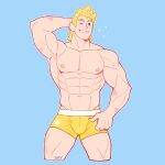  1boy abs alternate_costume bara blonde_hair blue_eyes boku_no_hero_academia boxer_briefs bulge cropped_legs feraltintinsimp highres large_pectorals male_focus male_underwear muscular muscular_male navel nipples one_eye_closed scar_on_arm short_hair smile solo sparkle spiked_hair stomach thick_thighs thighs togata_mirio underwear underwear_only yellow_male_underwear 