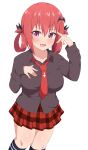  1girl bat_hair_ornament black_shirt blush breasts commentary_request fang gabriel_dropout hair_ornament hair_rings highres kurumizawa_satanichia_mcdowell large_breasts long_sleeves looking_at_viewer necktie nyaroon open_mouth pink_eyes plaid plaid_skirt red_hair red_neckwear red_skirt shirt short_hair simple_background skirt smile solo white_background 