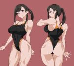  1girl ass back bangs black_hair blush breasts clenched_hands covered_navel covered_nipples en&#039;en_no_shouboutai looking_at_viewer maki_oze one-piece_swimsuit pink_background ponytail purple_eyes simple_background swimsuit webslinger 