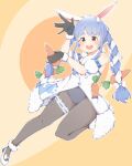 1girl :d animal_ear_fluff animal_ears ankle_garter bangs bare_shoulders black_gloves black_legwear black_leotard blue_hair blush braid breasts bunny_ears bunny_tail carrot_hair_ornament coat coharu_biyori covered_navel detached_sleeves food food_themed_hair_ornament fur-trimmed_coat fur-trimmed_gloves fur_scarf fur_trim gloves hair_ornament highres hikimayu holding holding_food hololive knee_up leaning_to_the_side leg_up leotard long_hair looking_at_viewer mary_janes multicolored_hair open_mouth orange_eyes pantyhose playboy_bunny puffy_short_sleeves puffy_sleeves rabbit_girl scarf shoes short_eyebrows short_sleeves small_breasts smile solo strapless strapless_coat strapless_leotard swept_bangs tail thigh_strap thighs twin_braids two-tone_hair usada_pekora virtual_youtuber white_coat white_footwear white_hair white_scarf white_sleeves yellow_background 