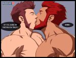  2boys bara beard brown_hair closed_eyes couple crestren facial_hair fate/grand_order fate_(series) french_kiss goatee highres iskandar_(fate) kiss large_pectorals long_sideburns male_focus mature_male multiple_boys muscular muscular_male napoleon_bonaparte_(fate) open_mouth pectoral_press pectorals red_hair reward_available shirtless short_hair simple_background tongue yaoi 