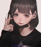  1girl absurdres bangs black_eyes black_mask black_sweater crossed_fingers ear_piercing eyebrows_behind_hair grey_background hair_behind_ear highres jewelry looking_at_viewer mano_aaa mask mask_removed medium_hair necklace original piercing smile solo sparkle sweater upper_body 