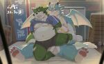  2021 absurd_res anthro blue_body blue_fur bulge cai1448331577 canid canine canis clothing detailed_background domestic_dog dragon duo fur green_body green_fur hi_res kemono male male/male mammal moobs nipples overweight overweight_male shirt sitting topwear underwear white_body white_fur wings 