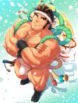  1boy abs alternate_costume bara bare_pecs beard black_hair blonde_hair brown_hair bulge chest_hair crossed_arms facial_hair foreshortening from_above full_body green_eyes hachimaki hairy headband highres katana large_pectorals loincloth long_sideburns looking_at_viewer male_focus mature_male multicolored_hair muscular muscular_male nipples short_hair sideburns smile solo stomach streaked_hair stubble sword thick_eyebrows thick_thighs thighs tokyo_houkago_summoners tptptpn weapon white_male_underwear yamasachihiko_(tokyo_houkago_summoners) 