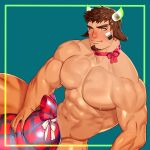  1boy abs absurdres alternate_pectoral_size animal_ears bara blush bow bowtie brown_eyes brown_hair completely_nude covering covering_crotch cow_boy cow_ears cow_horns facial_hair feet_out_of_frame fiery_horns forked_eyebrows gift_bag glowing_horns goatee highres horns large_pectorals looking_at_viewer male_focus mature_male muscular muscular_male navel nipples nude short_hair smile solo spiked_hair stomach thick_eyebrows thick_thighs thighs tokyo_houkago_summoners wakan_tanka won_(won_uom) 