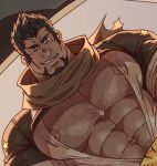  1boy abs antonio_(gyee) bara bare_pecs brown_hair bursting_pecs cheschirebacon chest_hair dutch_angle facial_hair goatee gyee hairy large_pectorals looking_at_viewer male_focus mature_male muscular muscular_male navel navel_hair nipples open_clothes open_shirt pectorals reward_available short_hair solo spiked_hair stomach straight-on upper_body 