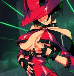  1girl black_gloves black_hair black_nails breast_curtains breasts choker cleavage concert covered_eyes fingerless_gloves fingernails gloves green_lips guilty_gear guilty_gear_xrd hat hat_over_eyes high-waist_skirt highres i-no jacket large_breasts laser lipstick makeup mole mole_above_mouth no_bra o-ring o-ring_choker optionaltypo red_headwear red_jacket red_leather red_skirt revealing_clothes self_fondle short_hair skirt smile solo stage underboob witch_hat 