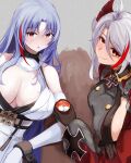  2girls azur_lane bangs black_gloves blue_hair breasts brown_eyes chain chained_wrists cleavage closed_mouth cross crossed_arms cuffs cup elbow_gloves eyebrows_visible_through_hair gloves grey_hair holding holding_cup large_breasts long_hair looking_at_viewer marshall_k mole mole_on_breast multicolored_hair multiple_girls prinz_eugen_(azur_lane) shackles silver_hair simple_background smile table tallinn_(azur_lane) uniform white_gloves 