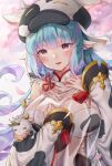  1girl animal_ears animal_print bangs blue_hair blunt_bangs blush breasts commentary_request cow cow_ears cow_hat cow_print detached_sleeves draph earrings eyebrows_visible_through_hair granblue_fantasy highres jewelry large_breasts long_hair open_mouth petals shatola_(granblue_fantasy) sheer_clothes solo teeth tokikouhime upper_body upper_teeth 