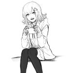  1girl :d bangs collared_shirt commentary_request danganronpa_(series) danganronpa_2:_goodbye_despair eyebrows_visible_through_hair feet_out_of_frame greyscale hair_ornament hairclip handheld_game_console holding holding_handheld_game_console hood hood_down jacket looking_at_viewer maroro_(981tomo) medium_hair monochrome nanami_chiaki open_clothes open_jacket open_mouth pleated_skirt shirt simple_background sitting sketch skirt smile solo spaceship_hair_ornament thighhighs white_background 