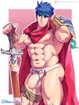  1boy abs alternate_pectoral_size bara bare_pecs beaugilliam blue_eyes blue_hair bulge cape feet_out_of_frame fire_emblem fire_emblem:_path_of_radiance flaccid harness headband highres ike_(fire_emblem) jockstrap large_pectorals male_focus male_underwear muscular muscular_male navel nipples planted_sword planted_weapon red_cape reward_available short_hair solo stomach sweat sword testicles thick_thighs thighs underwear weapon wet_male_underwear white_male_underwear 