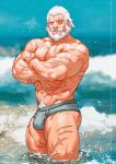  1boy abs absurdres bara bare_pecs beach beard blind bulge crossed_arms facial_hair green_male_swimwear highres large_pectorals looking_at_viewer male_focus mature_male muscular muscular_male navel navel_hair nipples old old_man overwatch partially_submerged reinhardt_(overwatch) rumlockerart scar scar_across_eye scar_on_arm scar_on_chest scar_on_leg short_hair smile solo stomach thick_thighs thighs water white_hair 