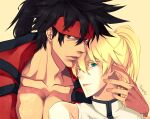  2boys bare_shoulders blonde_hair blue_eyes brown_eyes brown_hair collarbone eyelashes guilty_gear hand_on_another&#039;s_face ky_kiske long_hair looking_at_viewer male_focus multiple_boys muscular muscular_male pale_skin ponytail redcat sol_badguy tan 