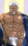  1boy abs aegir_(tokyo_houkago_summoners) alternate_costume anchor_earrings aqua_hair bara bare_pecs beard blue_eyes blue_kimono bulge cowboy_shot dark_skin dark_skinned_male earrings facial_hair fundoshi fundoshi_day highres hiraga0613 japanese_clothes jewelry kimono large_pectorals looking_at_viewer male_focus mature_male multicolored_hair muscular muscular_male navel navel_hair nipples off_shoulder open_clothes open_kimono open_shirt short_hair single_bare_shoulder single_earring smirk solo stomach streaked_hair thick_thighs thighs tokyo_houkago_summoners white_hair white_male_underwear 