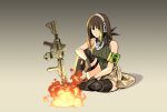  1girl armband bare_shoulders bonfire bonfire_(dark_souls) brown_hair brown_legwear closed_mouth dark_souls fire girls_frontline gloves green_eyes green_sweater grey_background grey_gloves headphones highres knee_up long_hair m4a1_(girls_frontline) mechanical_legs resting ruukii_drift sitting sleeveless_sweater solo souls_(from_software) sweater thighhighs 