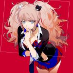  1girl aokiku arm_under_breasts bear_hair_ornament black_choker black_shirt blonde_hair blue_eyes bow bra breasts choker cleavage collarbone danganronpa:_trigger_happy_havoc danganronpa_(series) enoshima_junko hair_ornament hand_on_own_chin highres leaning_forward long_hair long_sleeves looking_at_viewer medium_breasts miniskirt nail_polish necktie pink_hair pleated_skirt red_background red_nails school_uniform shirt skirt sleeves_rolled_up smile solo symbol_commentary twintails underwear white_neckwear 