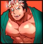  1boy abs bara bare_pecs black_hair blue_eyes dark_skin dark_skinned_male demon_boy demon_horns extra_horns green_kimono highres horns japanese_clothes kimono kizami_nori_to_yamaimo large_pectorals leaning_forward looking_at_viewer macroich_(tokyo_houkago_summoners) male_focus multicolored_hair muscular muscular_male nipples open_clothes short_hair sideburns smile solo stomach thick_eyebrows tokyo_houkago_summoners two-tone_hair upper_body white_hair 