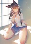 1girl animal_ears atago_(azur_lane) azur_lane bangs bare_legs between_breasts black_hair blue_neckwear blue_skirt blush breasts closed_mouth collarbone collared_shirt commission dog_ears eyebrows_visible_through_hair full_body hair_ribbon hand_on_own_thigh highres indoors kneeling large_breasts long_hair looking_at_viewer navel necktie open_clothes plaid plaid_skirt ribbon school_uniform shirt short_sleeves skirt smile solo suerte white_ribbon white_shirt yellow_eyes 