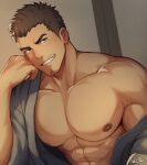  1boy abs bara bare_pecs blush brown_hair bulge dark_skin dark_skinned_male elbow_rest facial_hair goatee grey_kimono highres japanese_clothes kimono large_pectorals looking_at_viewer male_focus mature_male muscular muscular_male nipples off_shoulder open_clothes open_kimono original short_hair sideburns single_bare_shoulder solo stomach stubble thighs upper_body zifuuuun 