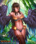  1girl ahoge arm_belt artist_name bare_shoulders bikini bird_tail bird_wings black_hair black_wings breasts character_request cleavage collar commentary_request copyright_request dark_skin dark_skinned_female day feather_trim feathered_wings feathers forest green_eyes hair_between_eyes hair_tubes harpy jewelry large_breasts lieqi_hun long_hair looking_at_viewer midriff monster_girl nature navel necklace official_art pointy_ears sidelocks solo sunlight swimsuit thighhighs very_long_hair watermark web_address wings 