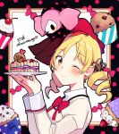  1girl ;) anniversary black_border blonde_hair border cake candy charlotte_(madoka_magica) cherry chocolate_chip closed_mouth commentary_request creature_on_head cupcake dot_nose drill_hair eyebrows_visible_through_hair fingernails flower food fruit fuji_fujino hair_flower hair_ornament hairpin hands_up happy high_collar highres holding holding_plate jewelry juliet_sleeves light_blush long_sleeves looking_at_viewer mahou_shoujo_madoka_magica mitakihara_school_uniform neck_ribbon one_eye_closed plate polka_dot polka_dot_border puffy_sleeves red_ribbon ribbon ring school_uniform shiny shiny_hair signature smile solo sprinkles strawberry tareme tomoe_mami twin_drills uniform whipped_cream witch_(madoka_magica) yellow_eyes 