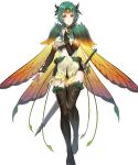  1girl bangs black_footwear boots breasts bridal_gauntlets brown_eyes butterfly_wings cape closed_mouth denim denim_shorts dress elincia_ridell_crimea fire_emblem fire_emblem:_path_of_radiance fire_emblem:_radiant_dawn fire_emblem_heroes full_body gradient gradient_clothes green_hair hair_ornament hand_up highres looking_at_viewer medium_breasts official_alternate_costume official_art shiny shiny_hair short_dress shorts smile solo standing sword thigh_boots thighhighs thighs thorns tiara weapon wings 