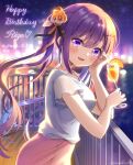  1girl :d bangs bare_arms blurry blurry_background blush bokeh cup depth_of_field drink drinking_glass eyebrows_visible_through_hair flower food from_side fruit gochuumon_wa_usagi_desu_ka? hair_between_eyes hair_flower hair_ornament hairclip happy_birthday highres holding holding_drink long_hair looking_at_viewer looking_to_the_side mozukun43 night open_mouth orange orange_slice outdoors pink_skirt purple_eyes purple_hair railing shirt short_sleeves skirt smile solo tedeza_rize twintails twitter_username water white_shirt 