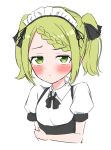  1girl absurdres bangs black_bow black_ribbon blush bow braid braided_bangs closed_mouth collared_shirt cropped_torso eyebrows_visible_through_hair green_eyes green_hair hair_ribbon highres looking_at_viewer maid_headdress morinaka_kazaki nijisanji puffy_short_sleeves puffy_sleeves ribbon shirt short_sleeves simple_background solo swept_bangs twintails upper_body virtual_youtuber white_background white_shirt yotsugi 