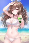  1girl arm_up bad_id bad_twitter_id balloom_17 beach bikini blue_sky bow breasts brown_hair cherry cleavage closed_mouth cloud cloudy_sky commentary cup day eyebrows_visible_through_hair food front-tie_bikini front-tie_top fruit hair_bow halterneck highres holding holding_cup horizon ice_cream ice_cream_float idolmaster idolmaster_shiny_colors large_breasts lens_flare long_hair looking_at_viewer navel ocean one_eye_closed outdoors pink_eyes shading_eyes side-tie_bikini sky smile solo sparkle standing swimsuit tsukioka_kogane white_bow 