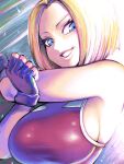  1girl arms_up bangs blonde_hair bloom blue_eyes blue_mary bob_cut breasts fatal_fury fingerless_gloves forehead from_below from_side gloves grin highres inverted_bob large_breasts light_rays lips looking_at_viewer parted_bangs parted_hair red_shirt shiny shiny_clothes shirt short_hair sideboob sideways_glance skindentation sleeveless sleeveless_shirt smile snk solo stretch takumi_watanuki taut_clothes taut_shirt the_king_of_fighters tsurime upper_body 