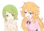  2girls :d absurdres bangs blue_eyes blush_stickers braid brown_shirt cherry_print clenched_teeth collared_shirt dress_shirt eyebrows_visible_through_hair food_print green_eyes green_hair hair_between_eyes highres low_twintails morinaka_kazaki multiple_girls nijisanji open_mouth orange_hair otogibara_era pink_shirt print_shirt shirt short_twintails simple_background smile swept_bangs teeth twintails upper_body virtual_youtuber white_background yotsugi 