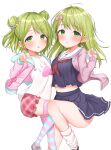  2girls :o absurdres ahoge bangs black_serafuku black_shirt black_skirt blush bow breasts cardigan double_bun dual_persona eyebrows_visible_through_hair green_eyes green_hair hair_bow highres jacket long_hair long_sleeves looking_at_viewer loose_socks midriff morinaka_kazaki multiple_girls navel neckerchief nijisanji open_cardigan open_clothes open_jacket parted_lips pink_bow pink_cardigan pink_jacket plaid plaid_shorts pleated_skirt puffy_shorts red_neckwear red_shorts sailor_collar school_uniform serafuku shirt short_shorts shorts simple_background skirt sleeves_past_wrists small_breasts socks striped striped_legwear thighhighs two_side_up virtual_youtuber white_background white_legwear white_sailor_collar white_shirt yotsugi 