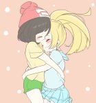  2girls beanie black_hair blonde_hair blush chorimokki closed_eyes closed_mouth green_shorts hat hug lillie_(pokemon) long_hair medium_hair multiple_girls open_mouth pokemon pokemon_(game) pokemon_sm red_headwear selene_(pokemon) shirt short_shorts shorts skirt smile t-shirt 