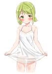  1girl absurdres ass_visible_through_thighs bangs bare_arms bare_shoulders blush breasts cleavage closed_mouth collarbone cropped_legs dress eyebrows_visible_through_hair green_eyes green_hair highres looking_at_viewer low_twintails morinaka_kazaki nijisanji no_panties see-through see-through_silhouette short_twintails skirt_hold sleeveless sleeveless_dress small_breasts solo standing sweat twintails virtual_youtuber white_dress yotsugi 