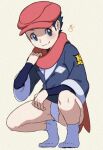  123autumn 1boy black_hair blush bottomless closed_mouth commentary english_commentary fundoshi grey_eyes grey_legwear hat japanese_clothes knees looking_to_the_side male_focus male_protagonist_(pokemon_legends:_arceus) pokemon pokemon_(game) pokemon_legends:_arceus red_headwear red_scarf scarf signature smile socks solo spread_legs squatting 