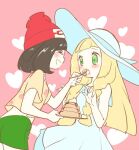  2girls blonde_hair blush braid breasts chorimokki dress feeding food green_eyes lillie_(pokemon) long_hair multiple_girls open_mouth pokemon pokemon_(game) pokemon_sm selene_(pokemon) short_hair shorts skirt sleeveless sleeveless_dress smile twin_braids white_dress white_headwear 