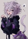  1girl absurdres animal_ears azzz_(7334080) black_hoodie cat_ears cat_girl collar eyebrows_visible_through_hair grey_background grey_hair hair_between_eyes hands_up highres hololive hood hoodie looking_at_viewer midriff navel nekomata_okayu one_eye_closed purple_eyes short_hair simple_background solo tail upper_body 