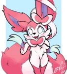  2021 big_tail blue_background blue_sclera cheek_tuft chest_tuft cute_fangs digitigrade eeveelution facial_tuft feral fur gingy_k_fox nintendo open_mouth pen_(pd) pink_body pink_fur pok&eacute;mon pok&eacute;mon_(species) quadruped signature simple_background sitting smile solo sylveon tuft video_games white_body white_fur 