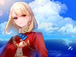  1girl alternate_uniform artist_name azur_lane blonde_hair braid closed_mouth cloud cloudy_sky earrings eye_piercing eyebrows_visible_through_hair florists_daisy french_braid highres jewelry looking_at_viewer medium_hair ocean prince_of_wales_(azur_lane) red_eyes simple_background sky solo uniform 