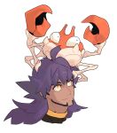  1boy bangs champion_uniform closed_mouth commentary_request crab dark_skin dark_skinned_male disembodied_head eyelashes facial_hair gen_1_pokemon highres korean_commentary krabby leon_(pokemon) long_hair male_focus on_head pokemon pokemon_(creature) pokemon_(game) pokemon_on_head pokemon_swsh purple_hair redlhzz shirt simple_background smile white_background yellow_eyes 