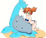  1girl ass breasts chorimokki cleavage gen_1_pokemon green_eyes gym_leader lapras looking_at_viewer misty_(pokemon) open_mouth orange_hair pokemon pokemon_(creature) pokemon_(game) pokemon_rgby short_hair side_ponytail smile swimsuit 