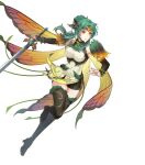  1girl bangs black_footwear boots breasts bridal_gauntlets brown_eyes butterfly_wings cape closed_mouth denim denim_shorts dress elincia_ridell_crimea fire_emblem fire_emblem:_path_of_radiance fire_emblem:_radiant_dawn fire_emblem_heroes full_body gradient gradient_clothes green_hair hair_ornament highres holding holding_sword holding_weapon leg_up looking_away medium_breasts official_alternate_costume official_art shiny shiny_hair short_dress shorts solo standing sword thigh_boots thighhighs thighs thorns tiara weapon wings 