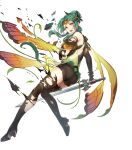  1girl ass bangs black_footwear boots breasts brown_eyes butterfly_wings cape denim denim_shorts dress elincia_ridell_crimea fire_emblem fire_emblem:_path_of_radiance fire_emblem:_radiant_dawn fire_emblem_heroes full_body gradient gradient_clothes green_hair hair_ornament highres holding holding_sword holding_weapon looking_away medium_breasts official_alternate_costume official_art open_mouth shiny shiny_hair short_dress shorts solo standing sword thigh_boots thighhighs thighs thorns tiara torn_clothes weapon wings 