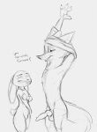  2021 animal_genitalia animal_penis anthro anthro_on_anthro balls black_and_white bottomless canid canine canine_penis clothed clothing dialogue disney duo ears_down english_text erection female fox genitals interspecies judy_hopps knot lagomorph larger_male leporid male male/female mammal monochrome nick_wilde nude penis pivoted_ears predator/prey rabbit s1m size_difference sketch smaller_female text undressing zootopia 