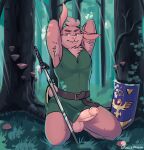  abs absurd_res anthro balls belt clothing erection forest forest_background fungus genitals hat headgear headwear hi_res humanoid_genitalia humanoid_penis ivy_(plant) lagomorph leporid link_(rabbit_form) male mammal master_sword melee_weapon mikrogoat muscular muscular_anthro muscular_male mushroom nature nature_background nintendo penis plant rabbit shield solo sword the_legend_of_zelda tree video_games weapon 