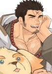  1boy ^_^ bara bead_necklace beads blush character_doll character_request chest_hair closed_eyes collarbone elbow_rest facial_hair goatee harada_(basashi) hood hooded_jacket jacket jewelry large_pectorals long_sideburns looking_at_viewer male_cleavage male_focus mature_male muscular muscular_male necklace oniwaka_(tokyo_houkago_summoners) open_clothes open_jacket scar_on_forehead short_hair sideburns smile solo stubble stuffed_animal stuffed_toy tokyo_houkago_summoners upper_body white_jacket 
