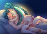  1boy 1girl aqua_hair ass_grab barefoot bed_sheet blue_background blue_hair blush breasts closed_eyes collarbone completely_nude cowgirl_position girl_on_top green_eyes hands_on_another&#039;s_shoulder hatsune_miku hetero kaito long_hair looking_at_another lying motion_blur motion_lines nipples nude on_back open_mouth pillow salovesy sex shiny shiny_hair short_hair small_breasts soles straddling sweat sweatdrop tears testicles twintails very_long_hair vocaloid 