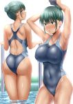  1girl arima_kouichi armpits arms_up ass breasts commentary_request competition_swimsuit covered_navel from_behind green_eyes green_hair grey_swimsuit hair_bun highres large_breasts long_hair looking_at_viewer multiple_views one-piece_swimsuit original pool_ladder simple_background standing swimsuit tied_hair water white_background 